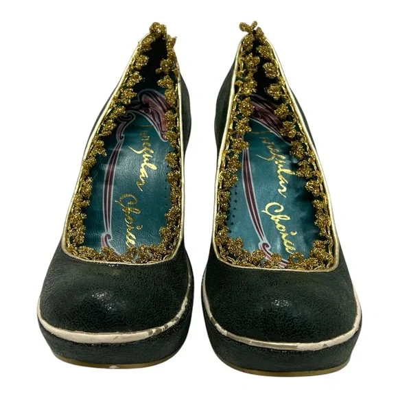 Irregular Choice Green Leather Gold Ricrac Slip On Platform Pumps Heels Women 38 - Picture 3 of 14